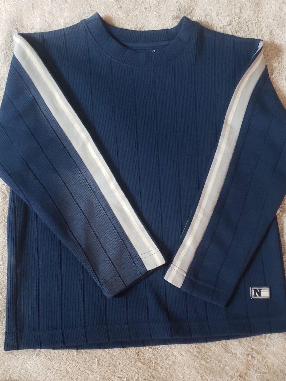 🔥4 For $20 ☀️ Damage - Navy Long-Sleeve Ribbed Tee with Contrast Sleeve Stripes